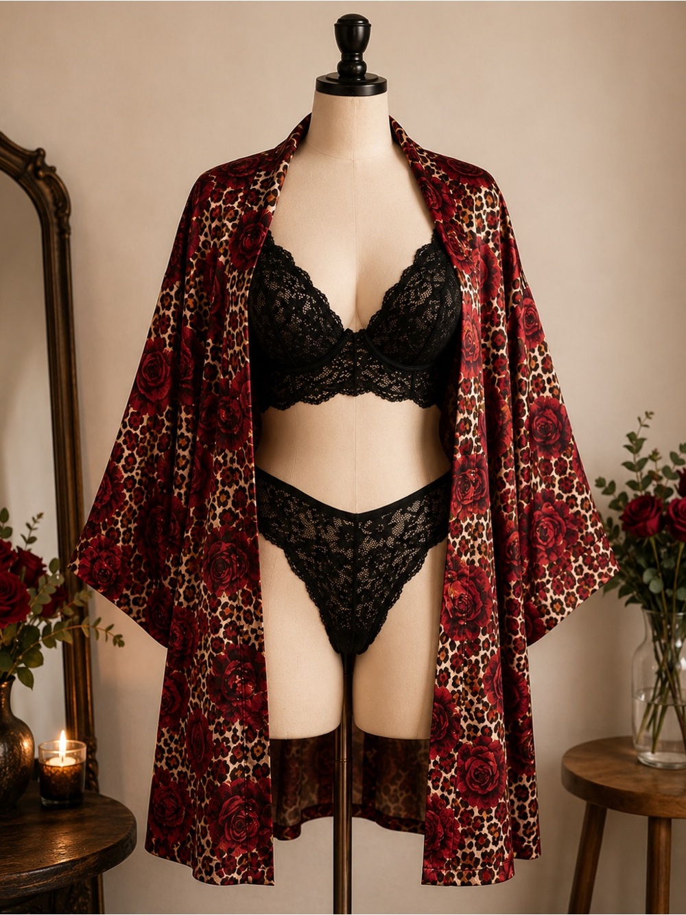 Vintage Leopard Rose Kimono Robe Boudoir Dark Romance 1X Lingerie Bachelorette